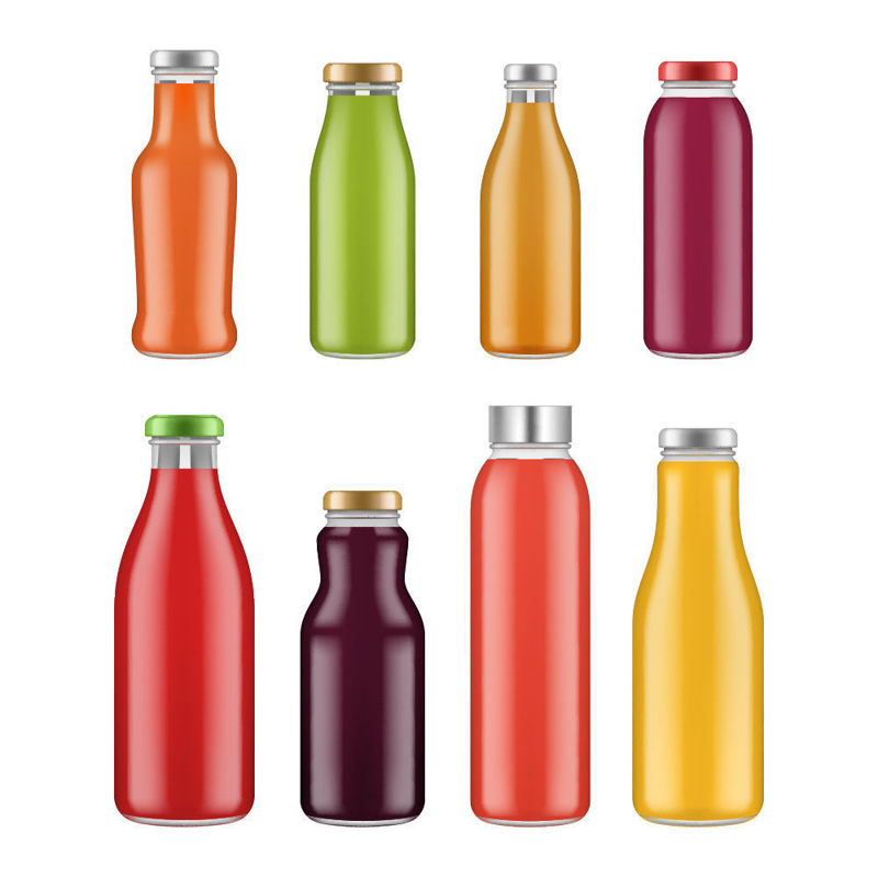 different color glass bottle apple juice, tomato juice, orange juice vector