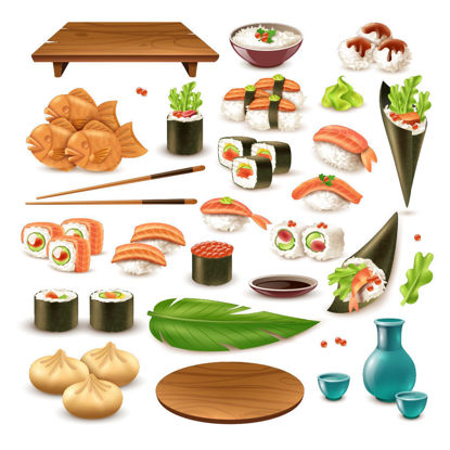 Vector Japanese food, including sushi, sake, rice in bowl, dumplings, mustard, soy sauce