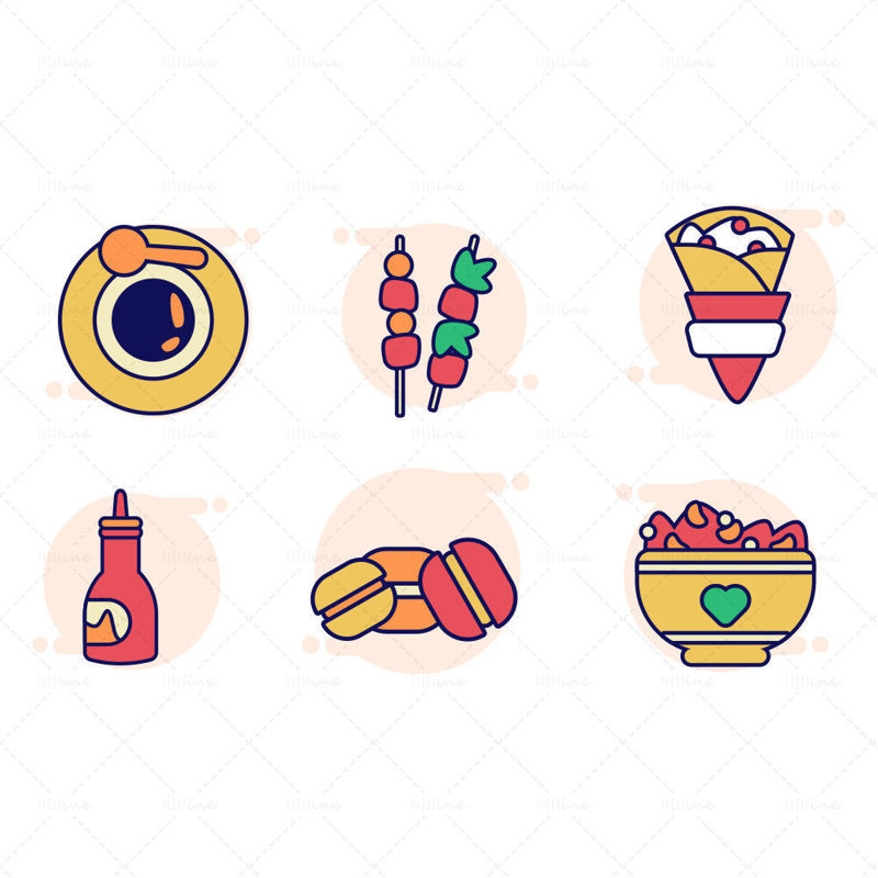 Cereal macaron chili sauce crepe skewers coffee vector icon