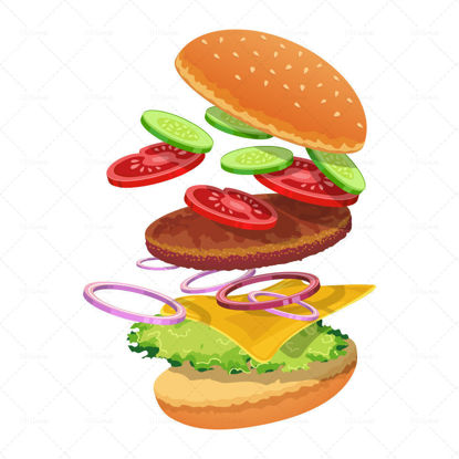 Vector hamburger ingredients bread cucumber tomato meat onion cheese lettuce