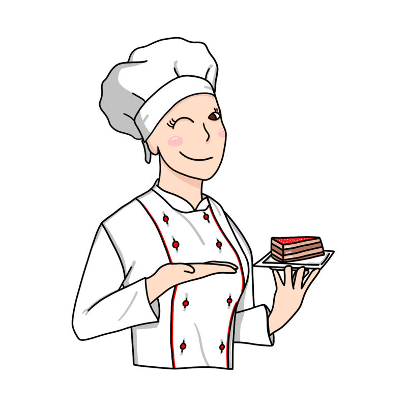 Dessert chef female baker with a piece of cake