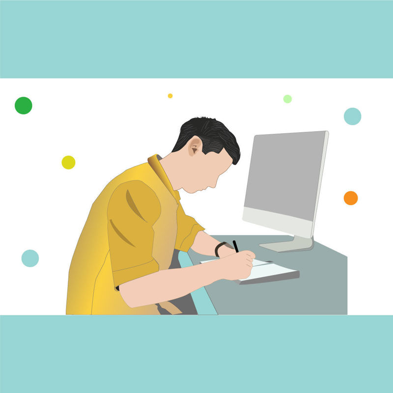 Man working on desk multicolor vector  illustration