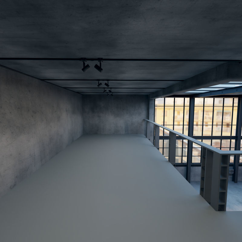 Escena interior de loft industrial modelo 3d