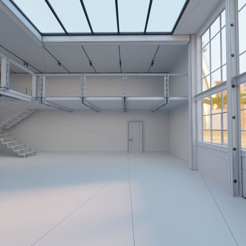 Escena interior de loft industrial modelo 3d