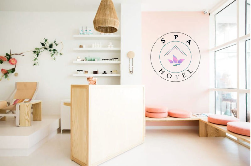 Logo for a Spa hotel with leaves in a lilac gradient in black and dark green circles with lines on a white background