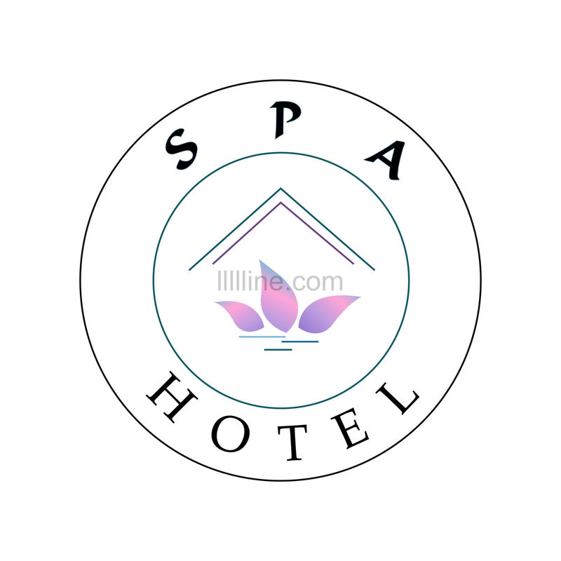 Лого за спа хотел са лишћем у јоргованом градијенту у црним и тамнозеленим круговима са линијама на белој позадини
