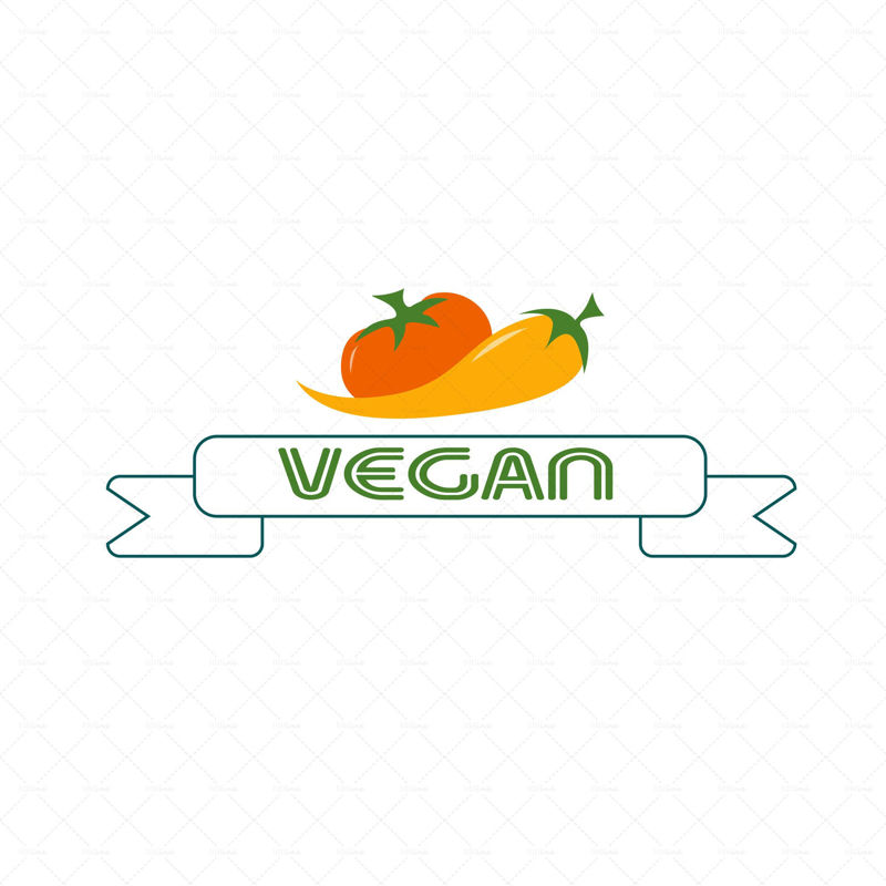 Vegán logó egy vegetáriánus vállalat számára, narancssárga paradicsommal és sárga borssal, a felirat a szalagon, fehér alapon