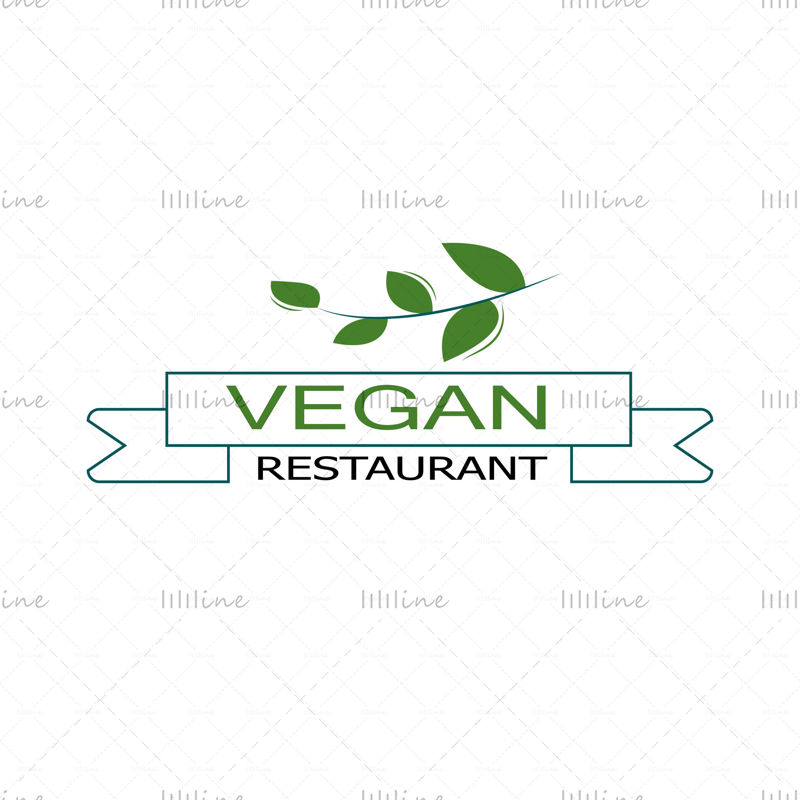 Logo vector Vegan pentru restaurant cu frunze verzi pe fundalul alb