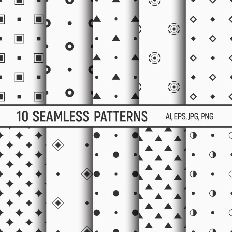 10 seamless vector patterns. Small geometric shapes patterns