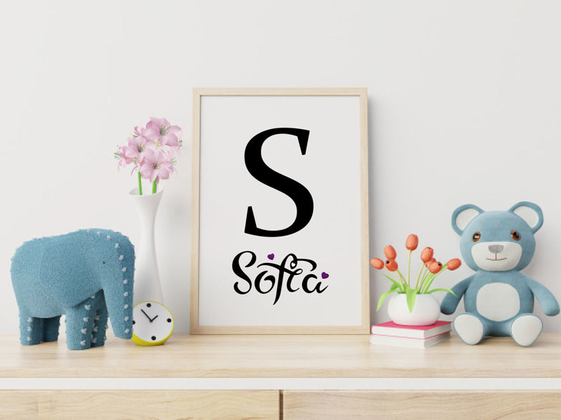 Sofia kız bebek ismi, el yazısı, dijital el harfli kadın ismi, duvar dekorasyonu, kartpostal, kızlar için havalı isimler, mor kalpler