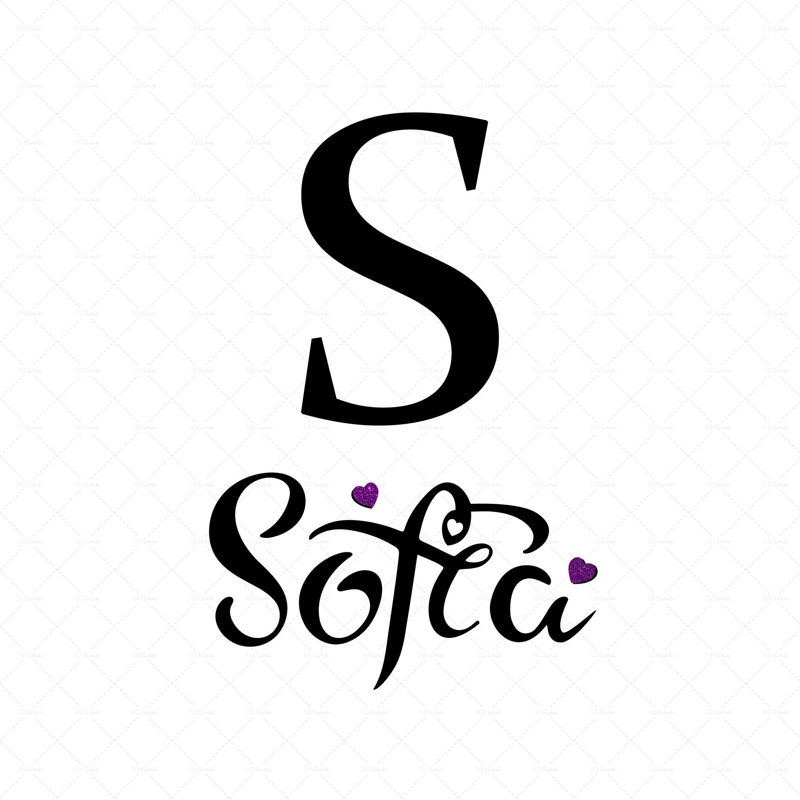 Sofia kız bebek ismi, el yazısı, dijital el harfli kadın ismi, duvar dekorasyonu, kartpostal, kızlar için havalı isimler, mor kalpler