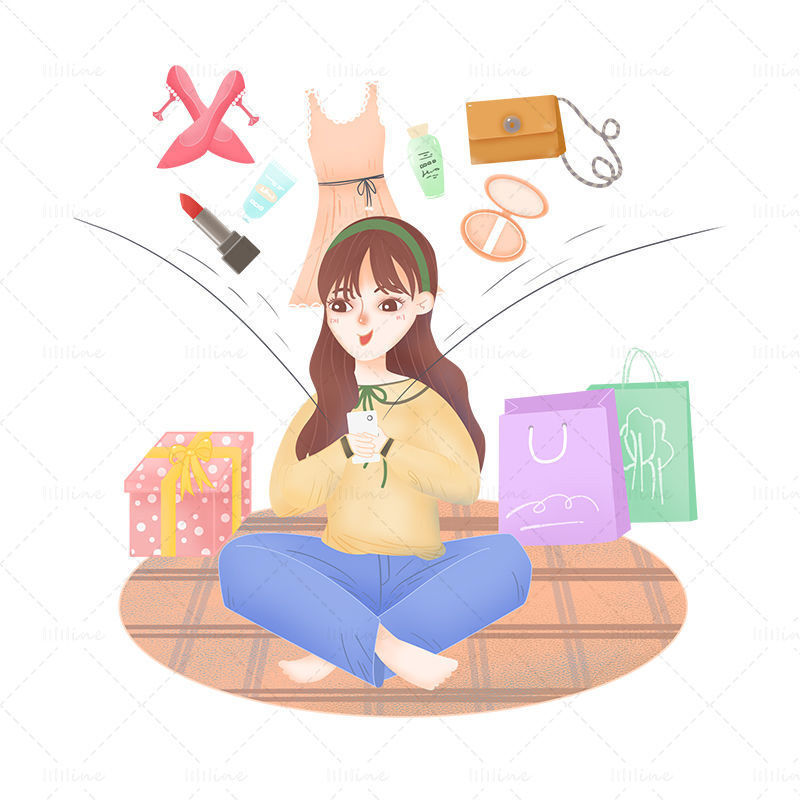 Нарисованная рукой сцена стиля девушки онлайн-шоппинга