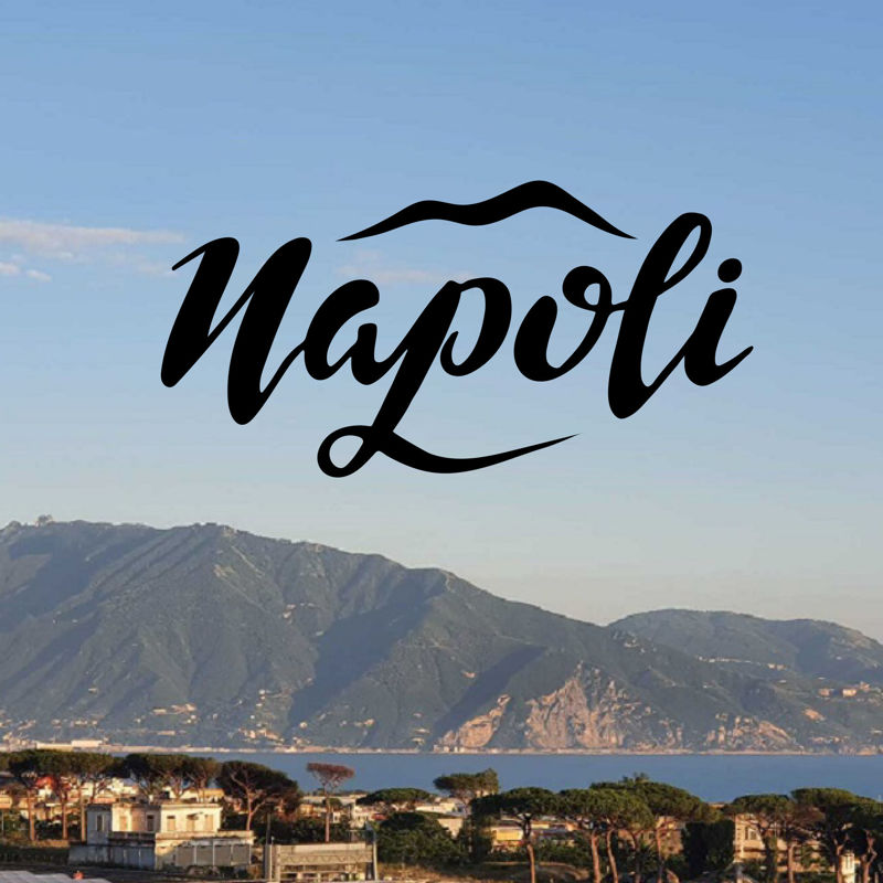Italské město Neapol. Digitální ruční písmo. Cestování. Černá písmena, pohlednice, brožura, cestovní kancelář