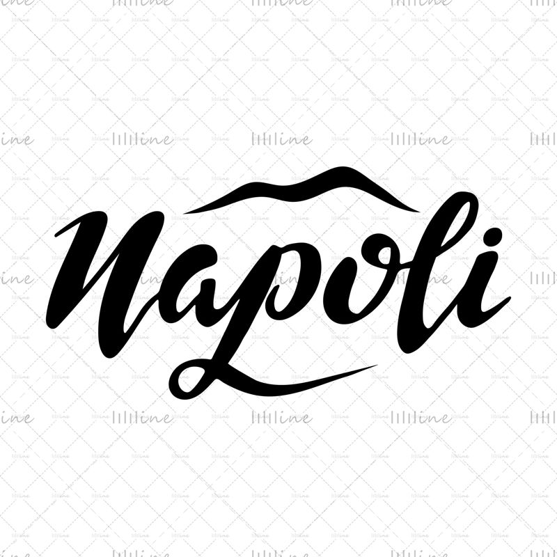 Италиански град Наполи. Цифрови надписи на ръка. Пътуване. Черни букви, пощенска картичка, брошура, туристическа агенция