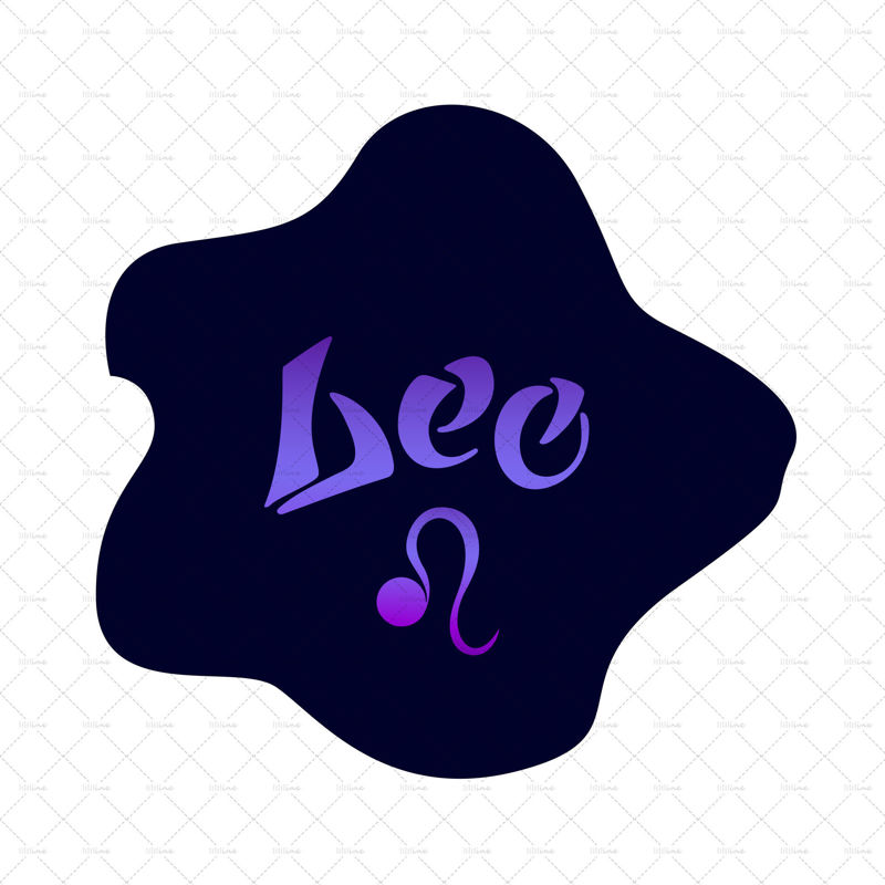Leo zodiac sign. Vector hand lettering. The purple gradient on the deep blue background. Calligraphy, astrology, astronomy, birth sign