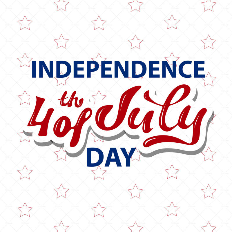 Independence Day,4th of July, greeting card in the colors of the national flag of the United States with stars, blue and red colors, hand lettering, digital vector illustration.