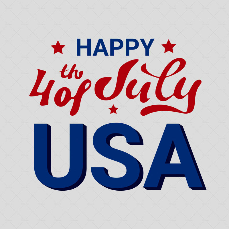 Happy 4th of July USA, Independence Day, greeting card in the colors of the national flag of the United States with red stars, hand lettering, vector illustration.