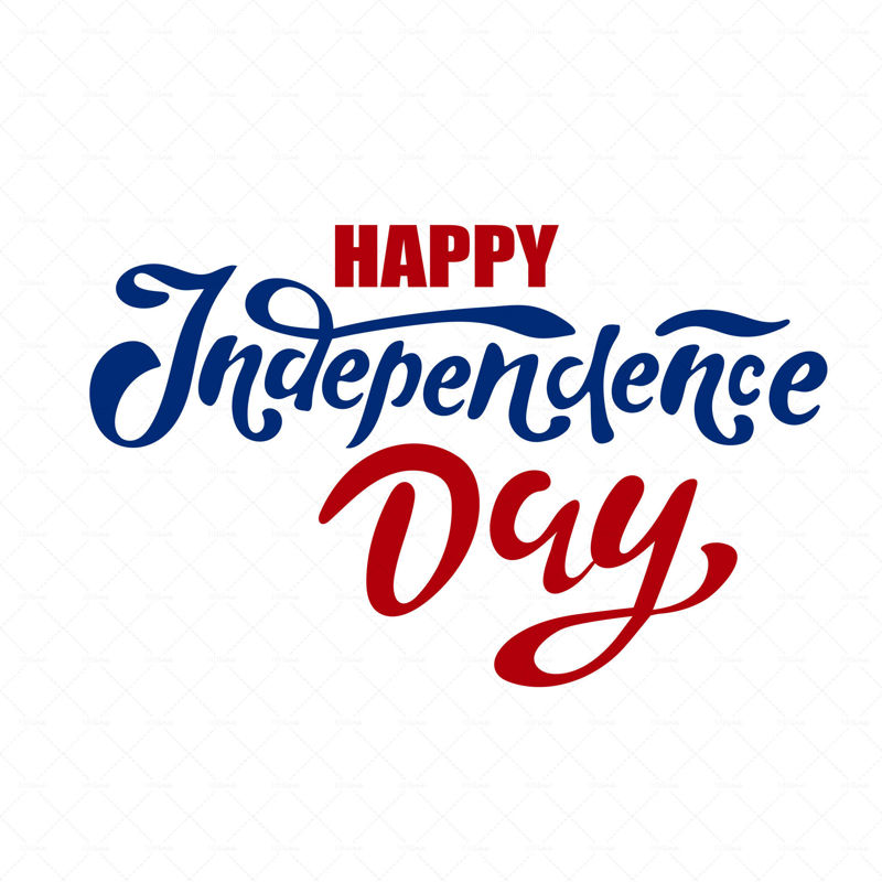 Gratulerer med uavhengighetsdagen, gratulasjonskort i fargene på USAs nasjonale flagg, blå og rød, håndbokstaver, digital vektorillustrasjon.