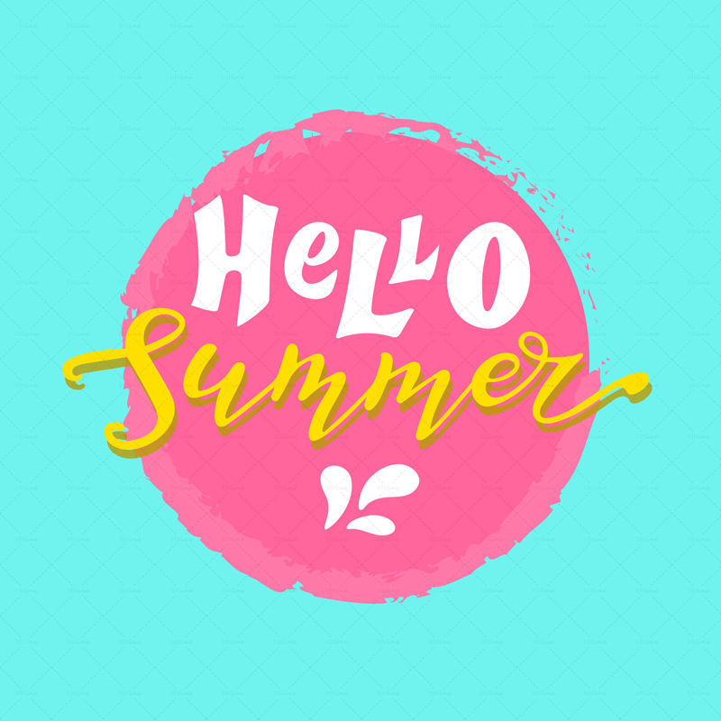 Hello summer, digital hand lettering, white and yellow letters with ...