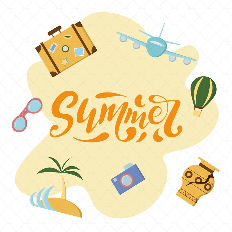 Summer  digital handwriting suitcase with stamps blue airplane pink glasses green balloon