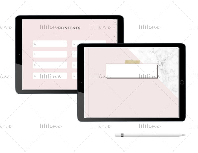 iPadとタブレット用のハイパーリンクされたセクションを備えたピンクのデジタルノートブック