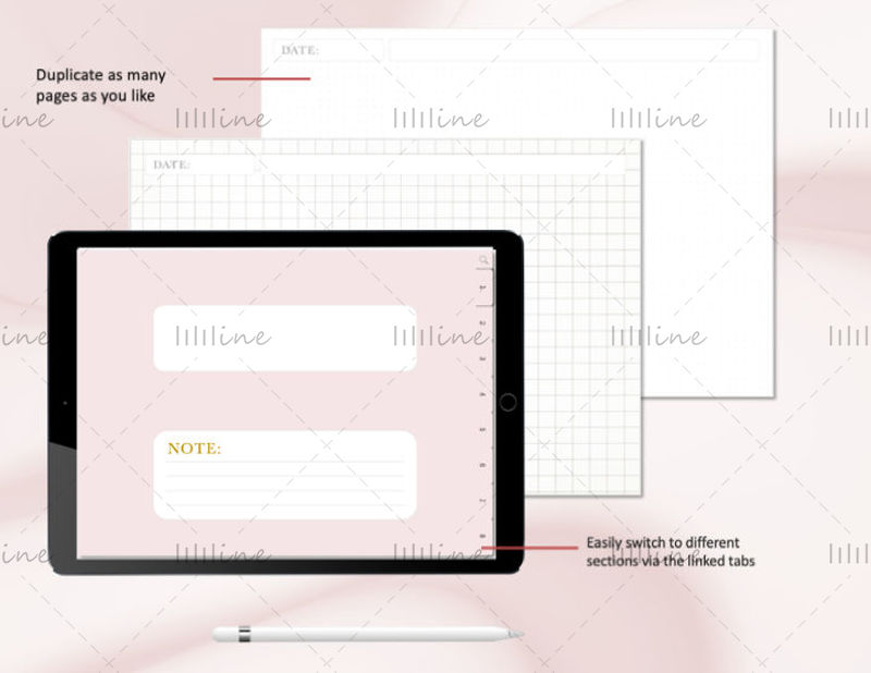 Notebook digital rosa com seções com hiperlinks para iPad e tablet