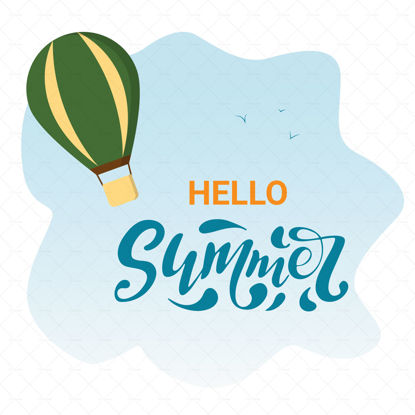 Hello Summer, digital handwriting, orange and blue letters with a green balloon,  birds on the blue background. Vector illustration, modern design. Summer illustration, banner, poster, postcard, flyer.