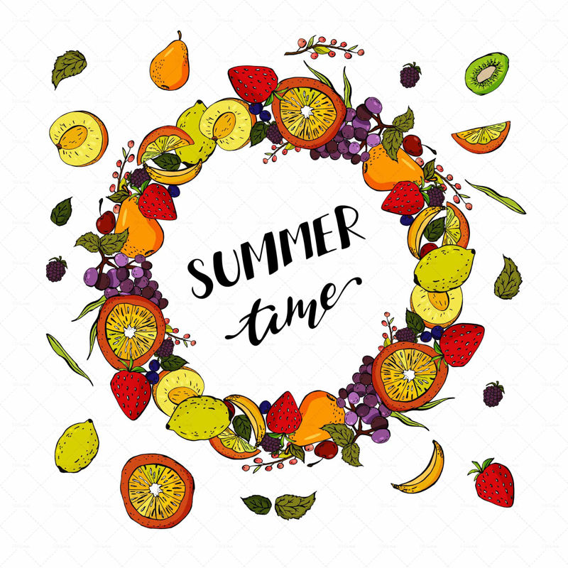 Nyáron, digitális kézírás, fekete betűk, narancs, eper, őszibarack, citrom, szőlő, kivi, banán, fehér háttér koszorú. Vektoros illusztrációk, modern design. Nyári illusztráció, transzparens, poszter, képeslap.