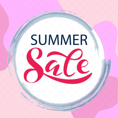 Summer sale, design of the sale banner layout, digital handwriting, Lettering. Blue and pink letters in a white circle in the pink background Vector illustrations, modern design. Summer illustration, banner, poster.