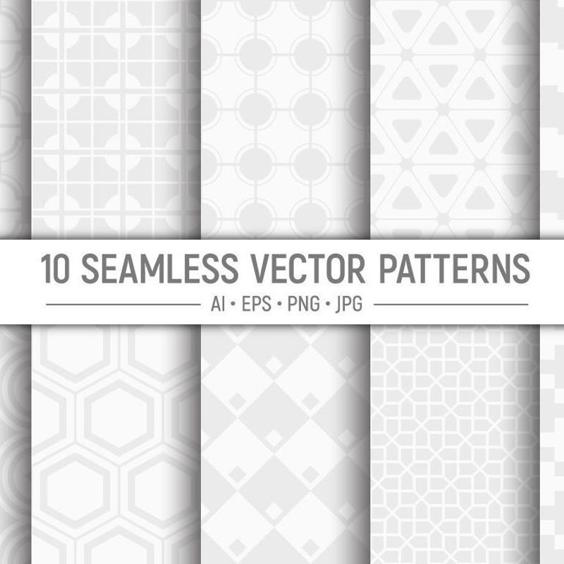 10 bezešvé geometrické bílé a šedé vektorové vzory