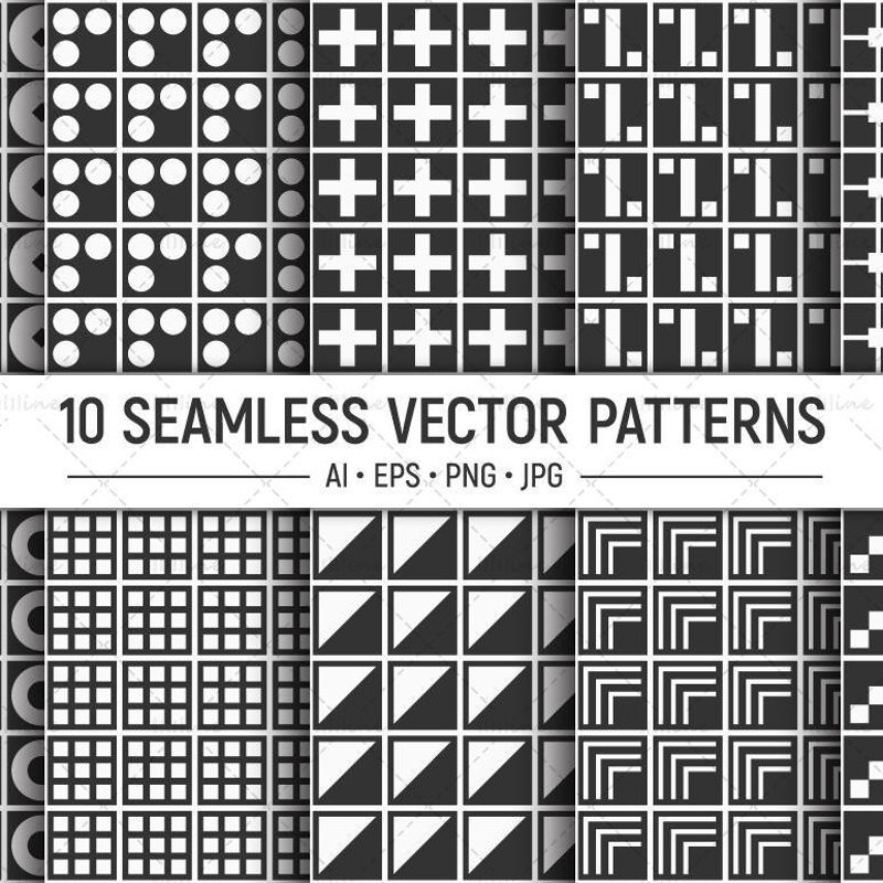 10の幾何学的形状のシームレスなベクトルパターン