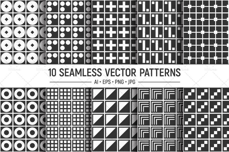 10の幾何学的形状のシームレスなベクトルパターン