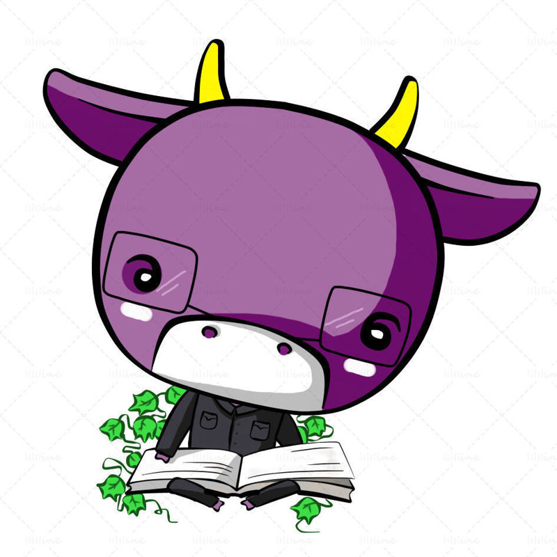 Purple cartoon calf learning reading book