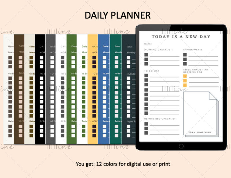 Дневна дигитална листа задатака, вертикална, портретна, минимална, добре белешке, истакнутост, ПДФ, дневни план у 12 различитих боја Предложак за штампу