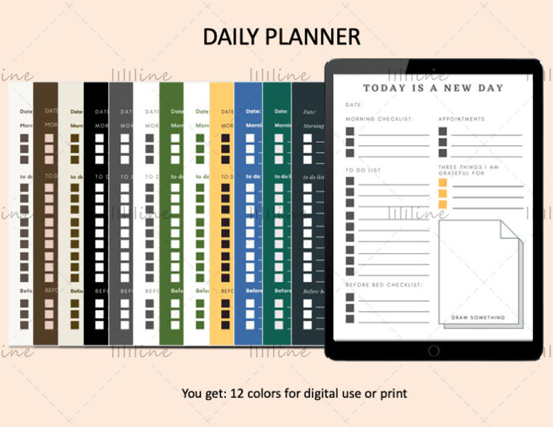 Lista de tareas digitales diarias, vertical, vertical, mínima, buenas notas, notabilidad, PDF, plan diario en 12 colores diferentes Plantilla imprimible