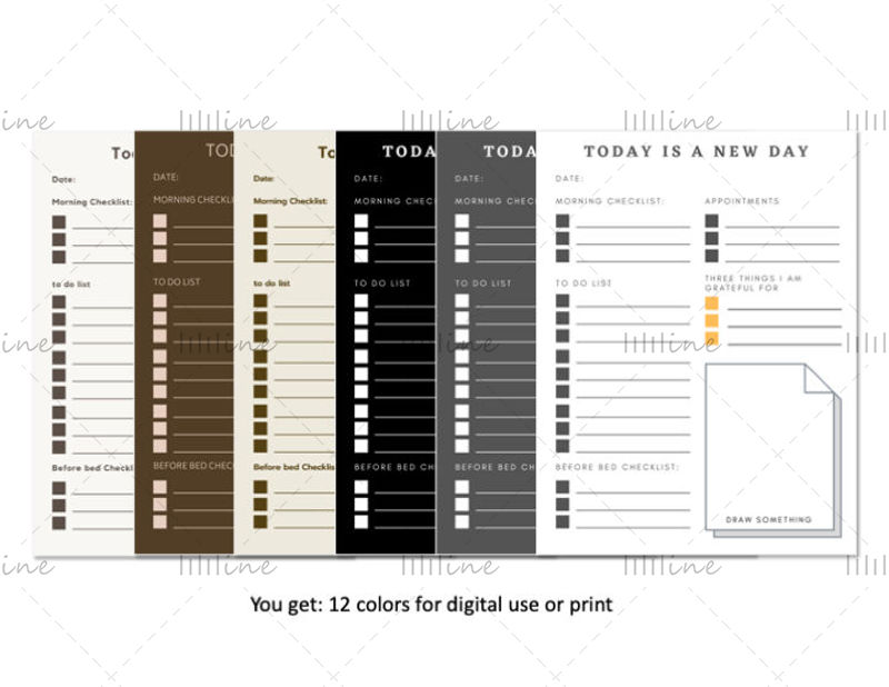 Elenco delle cose da fare digitale giornaliero, verticale, verticale, minimale, Goodnotes, notability, PDF, piano giornaliero in 12 colori diversi modello stampabile