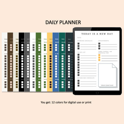 Günlük Dijital Yapılacaklar listesi, Dikey, Portre, Minimal, İyi notlar, Notability, PDF, 12 farklı renkte günlük plan Yazdırılabilir Şablon
