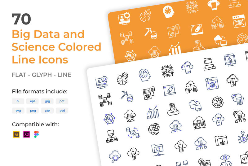 70 iconos de contorno coloreado de Big Data y ciencia