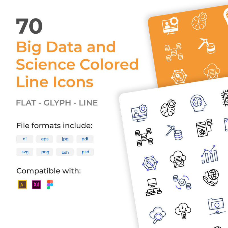70 nagy adat és tudomány színes körvonal ikonok