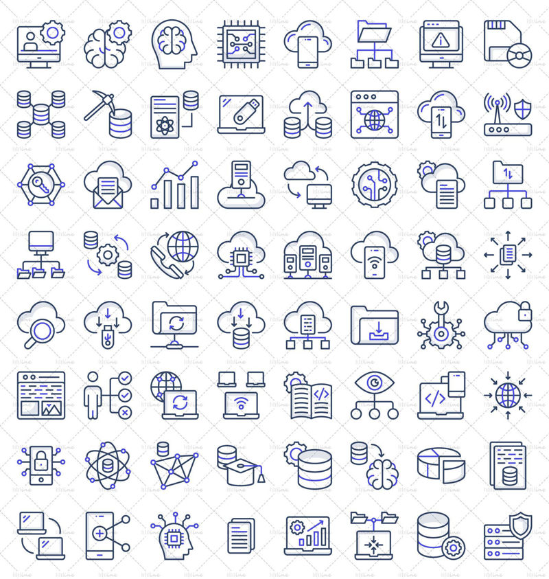 70 iconos de contorno coloreado de Big Data y ciencia