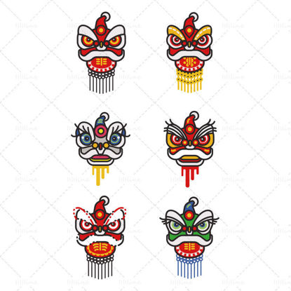 6つの中国風の手描きのライオン