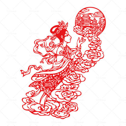 Китайски стил векторни чанге, летящи към луната, изрязани хартия