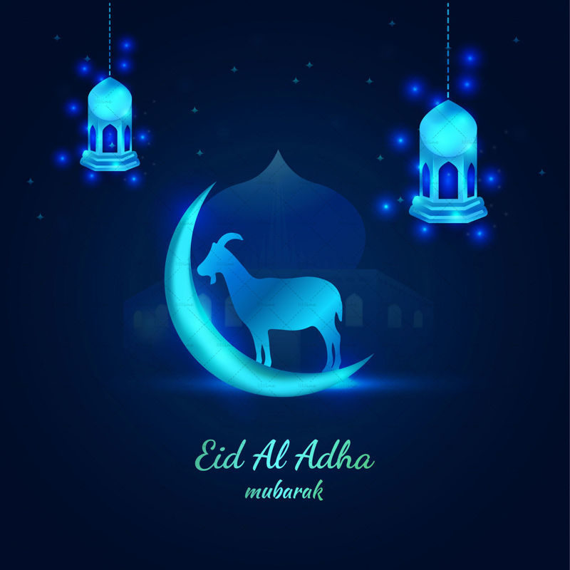 Beautiful blue festive islamic eid al adha banner with moon and goat vector