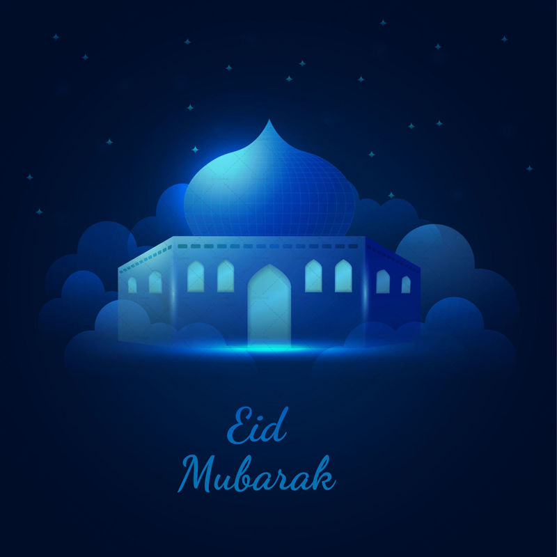 Eid mubarak blue neon islamic vector banner illustration with clouds and mosque