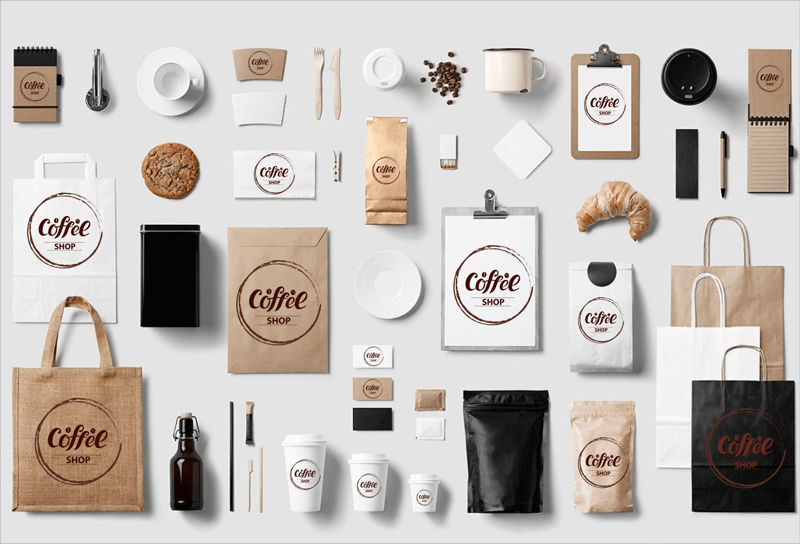 Логотип кофейни, дизайн баннеров, меню, чашки, упаковка, стеклянные наклейки, плакаты, флаеры, брошюры, плакат с прайс-листом, наклейка на продукцию. Коричневые буквы с кофейными зернами в круге. Цифровая векторная иллюстрация.