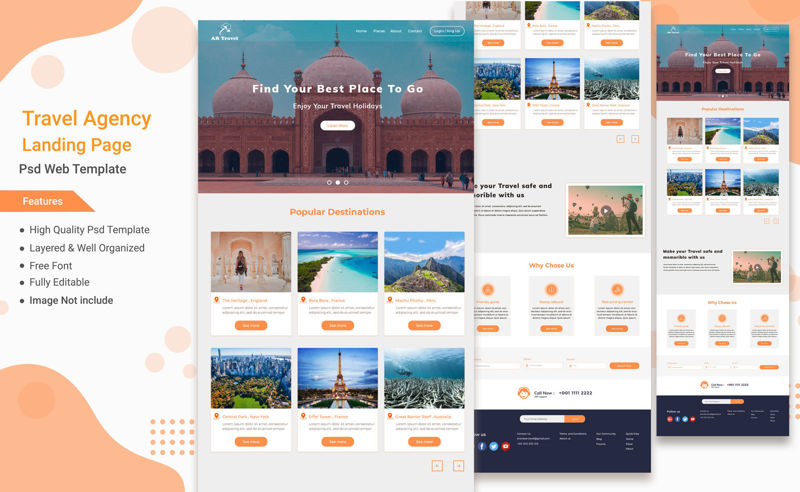 Plantilla PSD de diseño de sitio web de página de destino de agencia de viajes