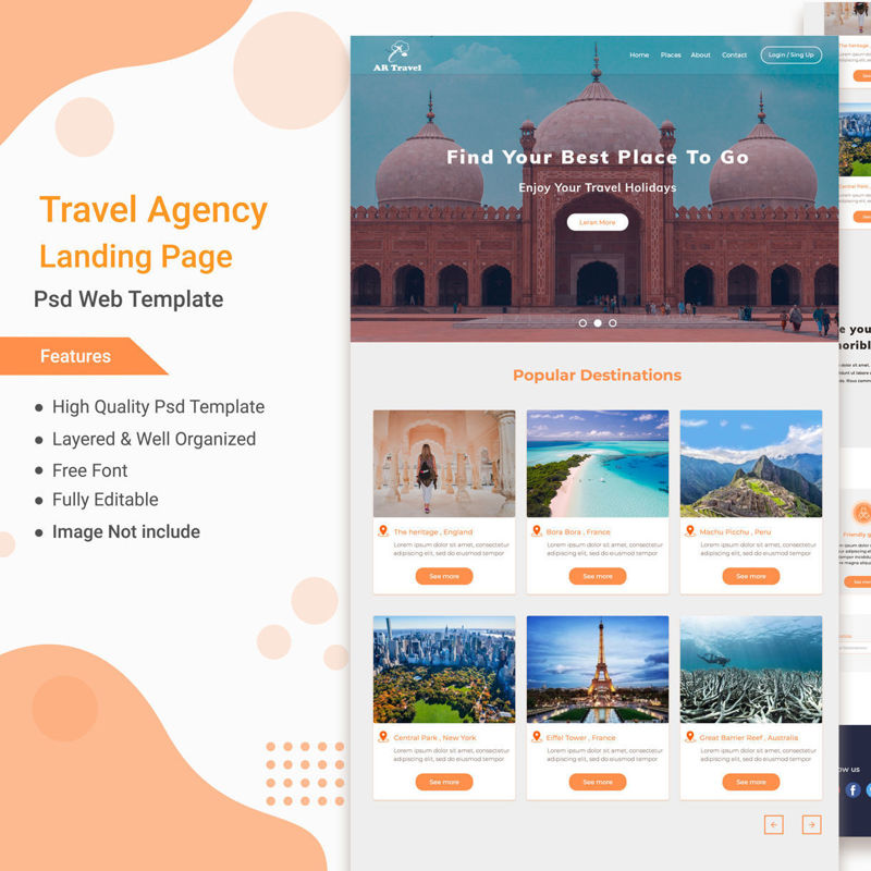 Seyahat Acentası Açılış Sayfası Web Sitesi Tasarımı PSD Şablonu