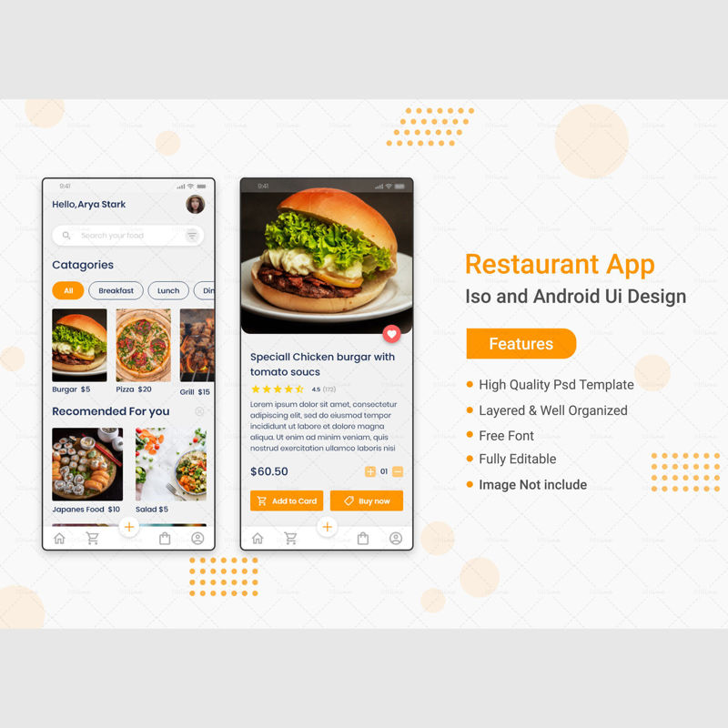PSD шаблон дизайна приложения для ресторана
