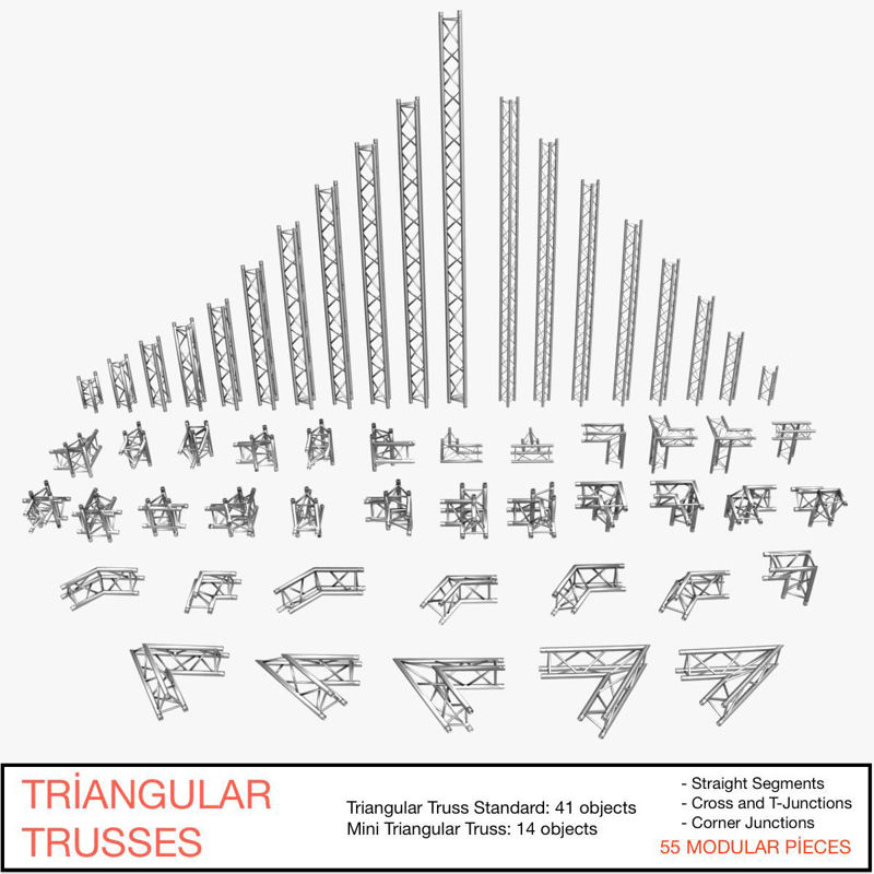 Triangular Trusses 3D Model Collection - 55 PCS Modular