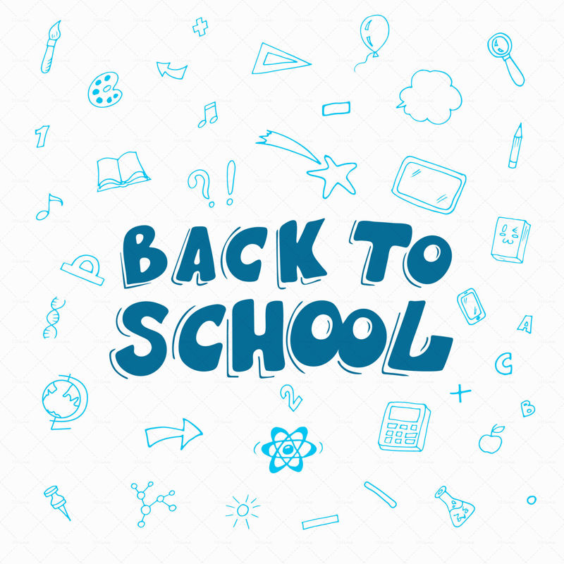 Back to school, digital lettering. Vector illustration banner.  Background design sketch with elements of education, blue color.Template for school. Doodle cartoon style.